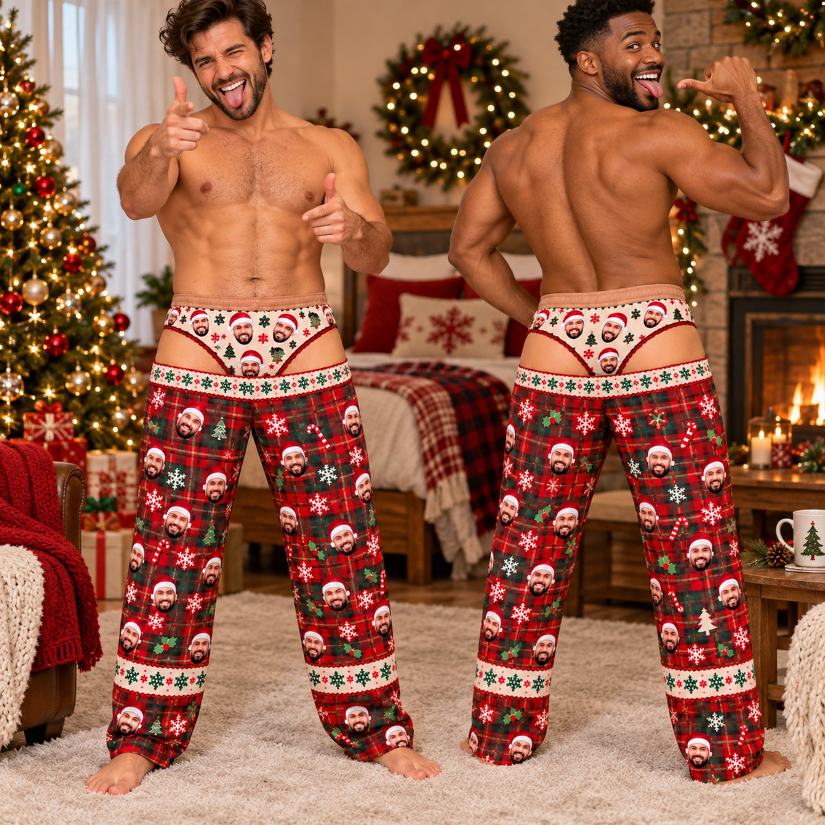 Custom Face Christmas Pajama Pants Plaid Photo Print Holiday Underwear Loungewear