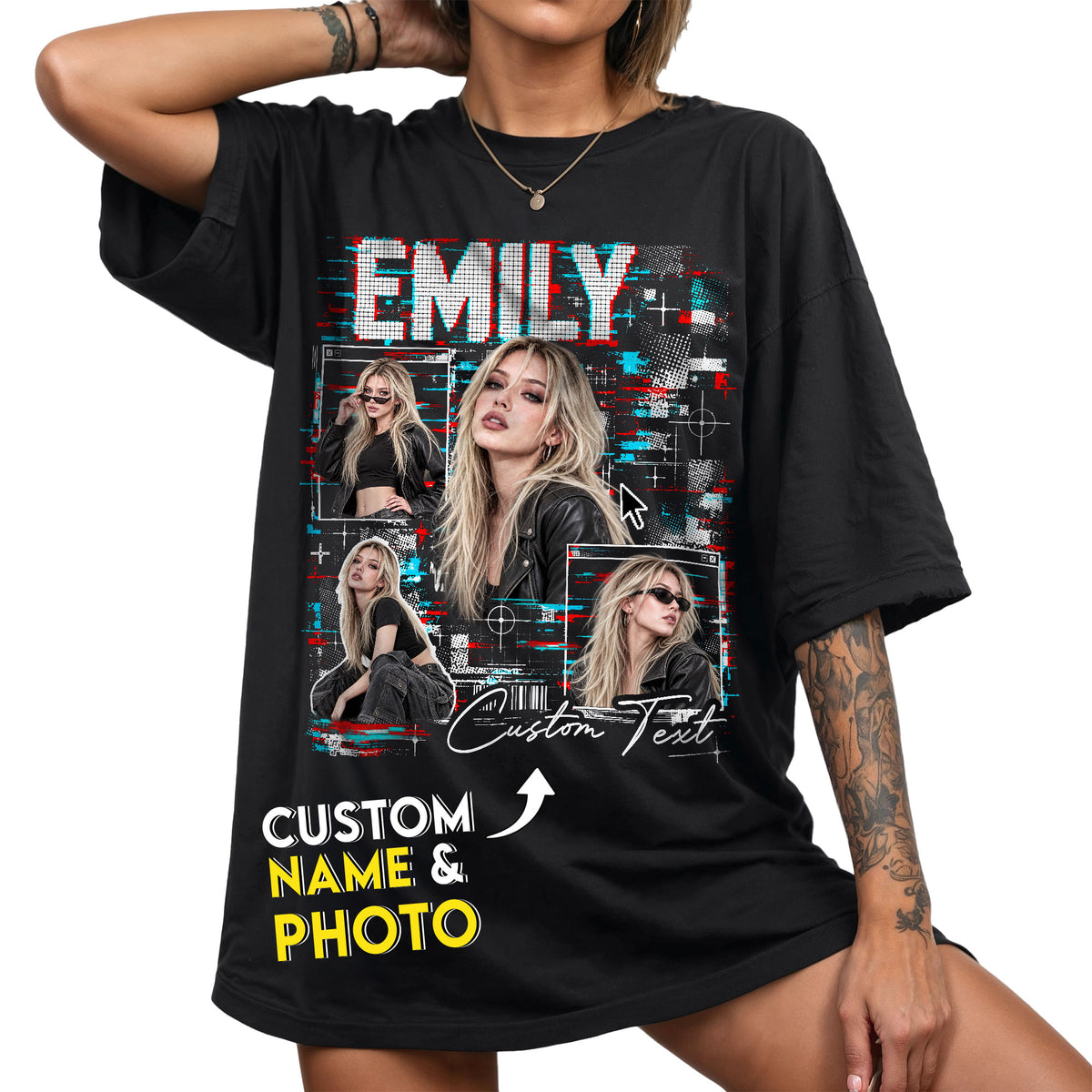 Custom Y2K Bootleg Photo Collage T Shirt Relaxed Fit Glitch Graphic Streetwear Tee Top