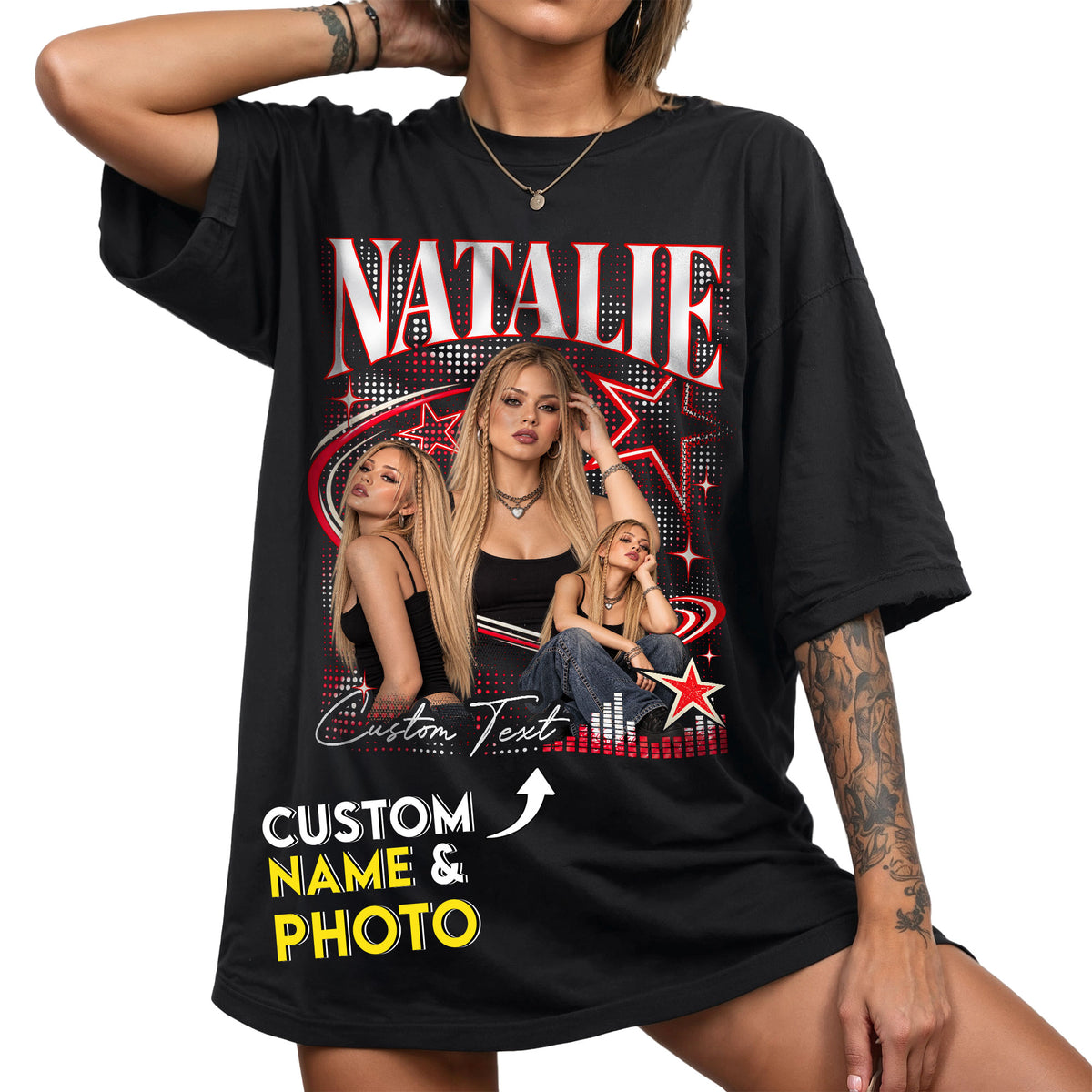 Custom Y2K Bootleg Photo Collage T Shirt Bold Star Burst Graphic Streetwear Tee Top Apparel