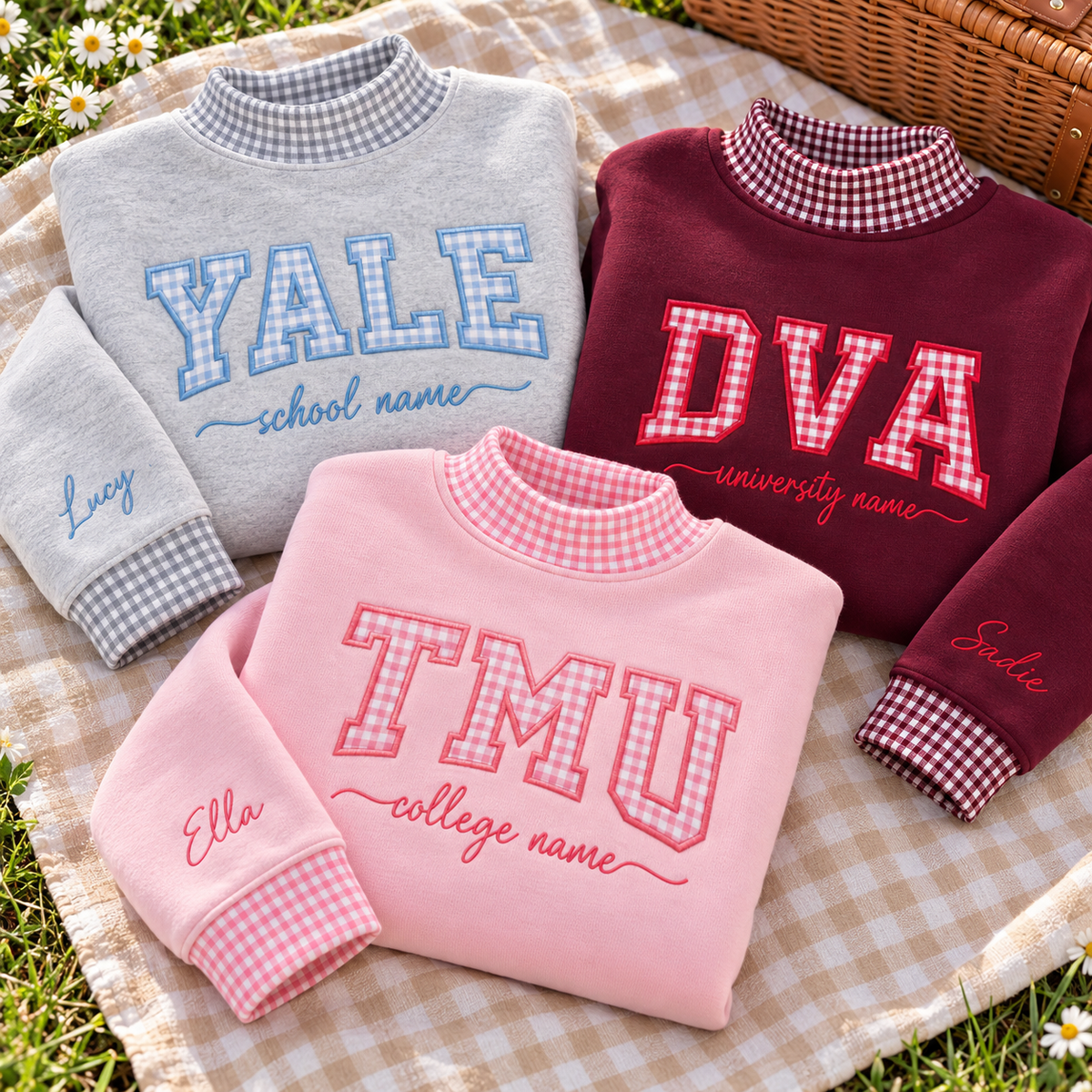 Custom University Mockneck Sweatshirt Plaid Collar Custom College Sleeve Name Pullover