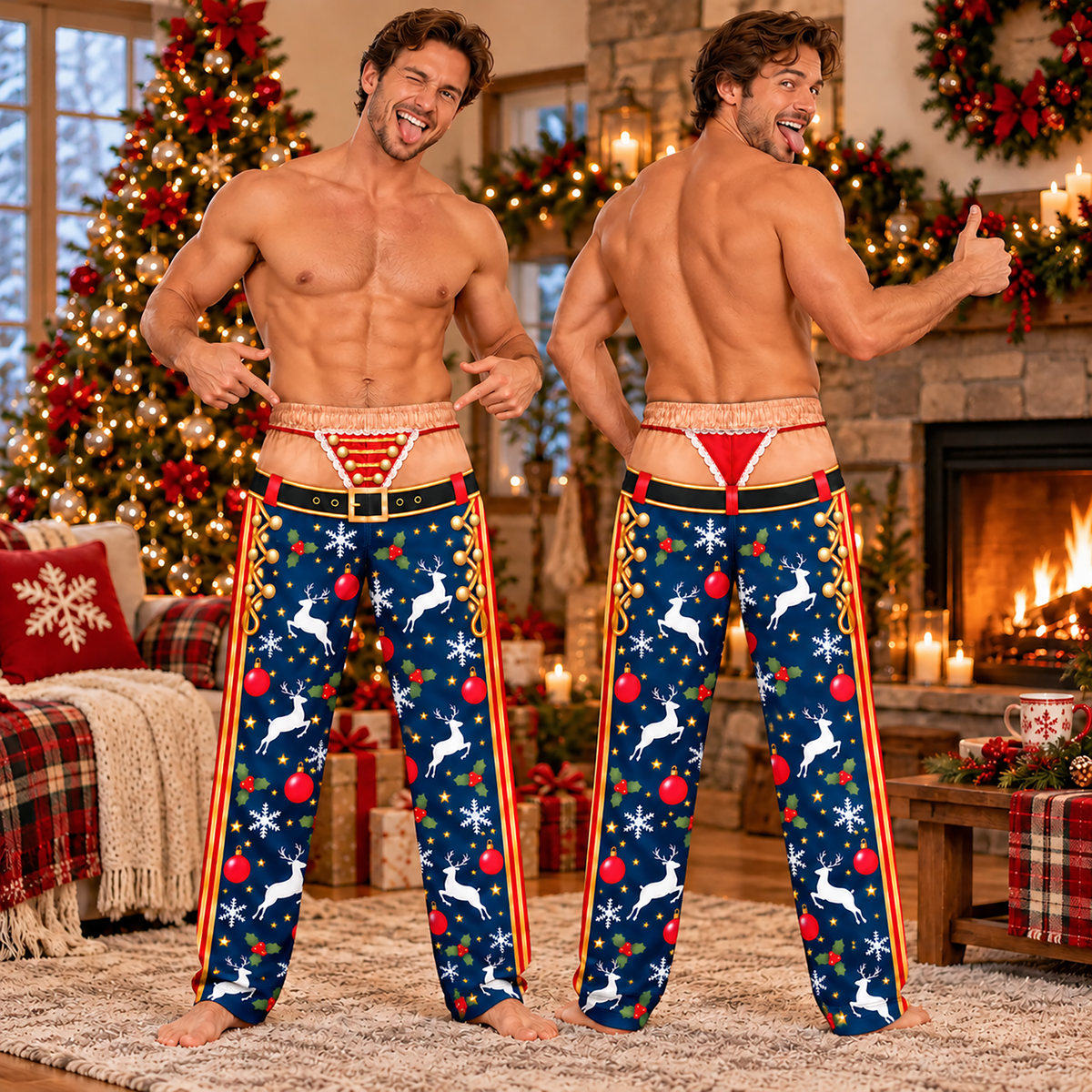 Custom Christmas Nutcracker Reindeer Bauble Thong Men Pajama Pants Sleepwear Bottoms