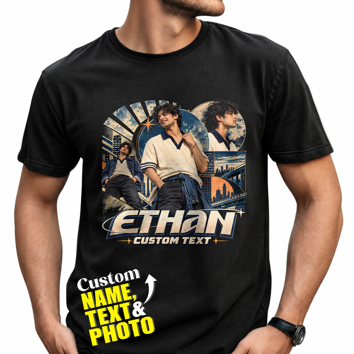 Custom Photo T-Shirt Y2K Star Arch Graphic Tee Personalized Picture Name Apparel