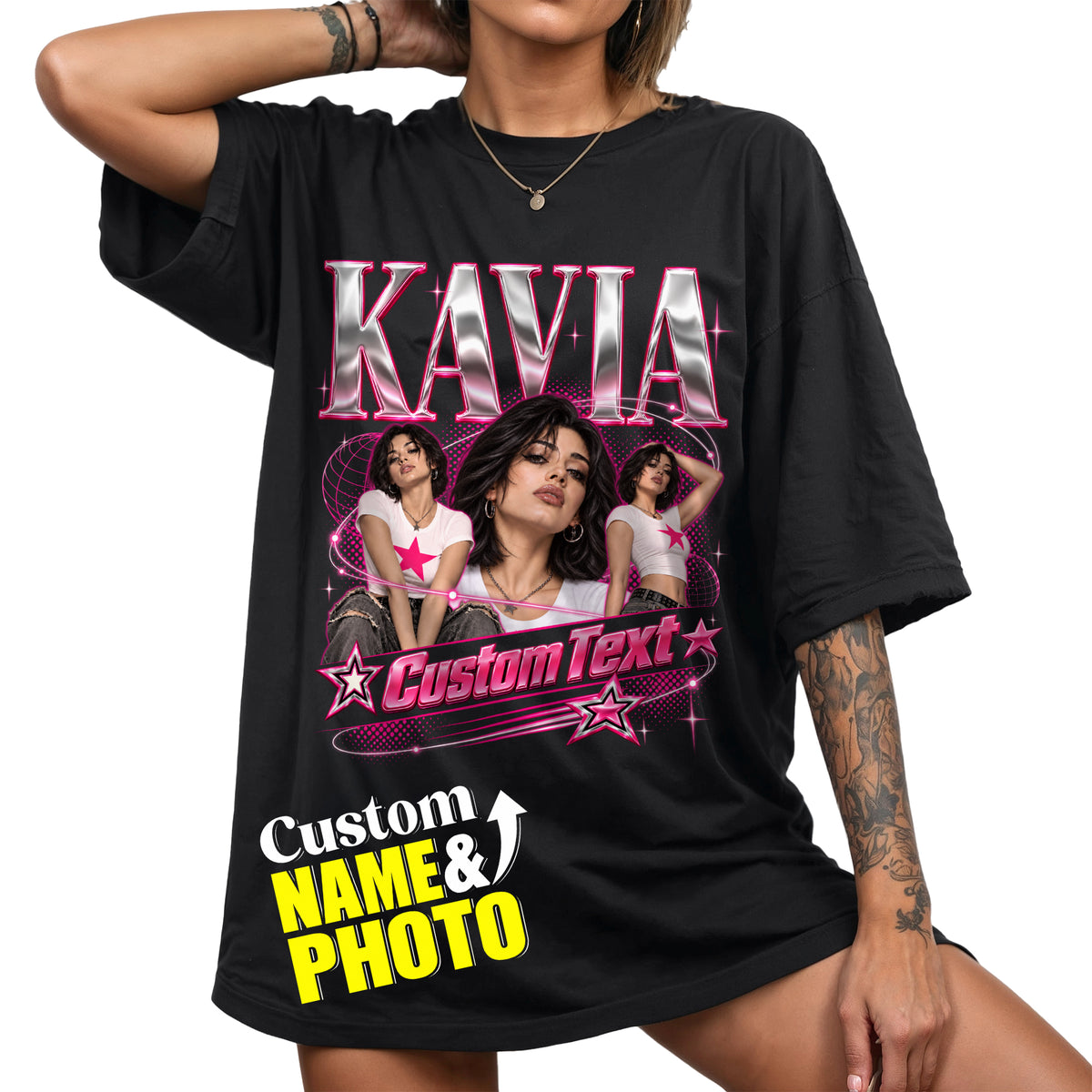 Custom Photo T-Shirt Y2K Star Glow Graphic Tee Personalized Picture Name Apparel