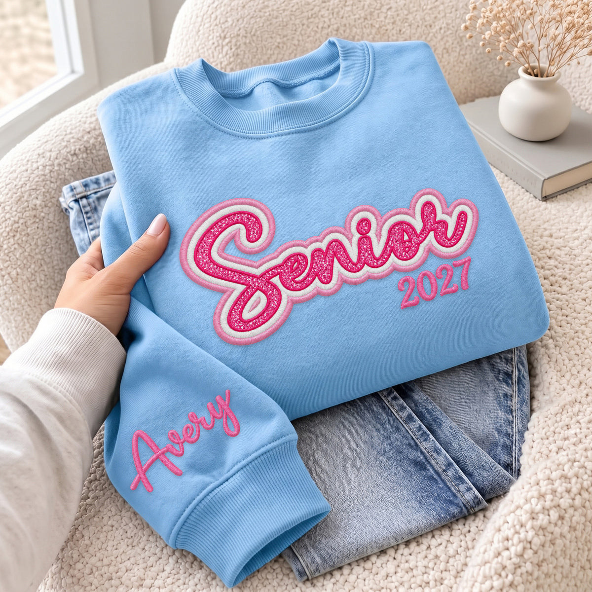 Senior Sweatshirt Custom Name Sleeve Embroidered Glitter Class of Any Year Gift