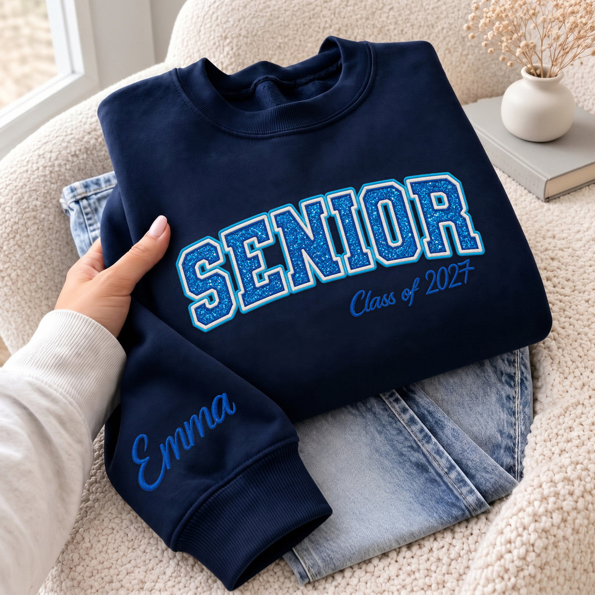 Senior Sweatshirt Glitter Varsity Letter Embroidered Custom Sleeve Name Grad Gift