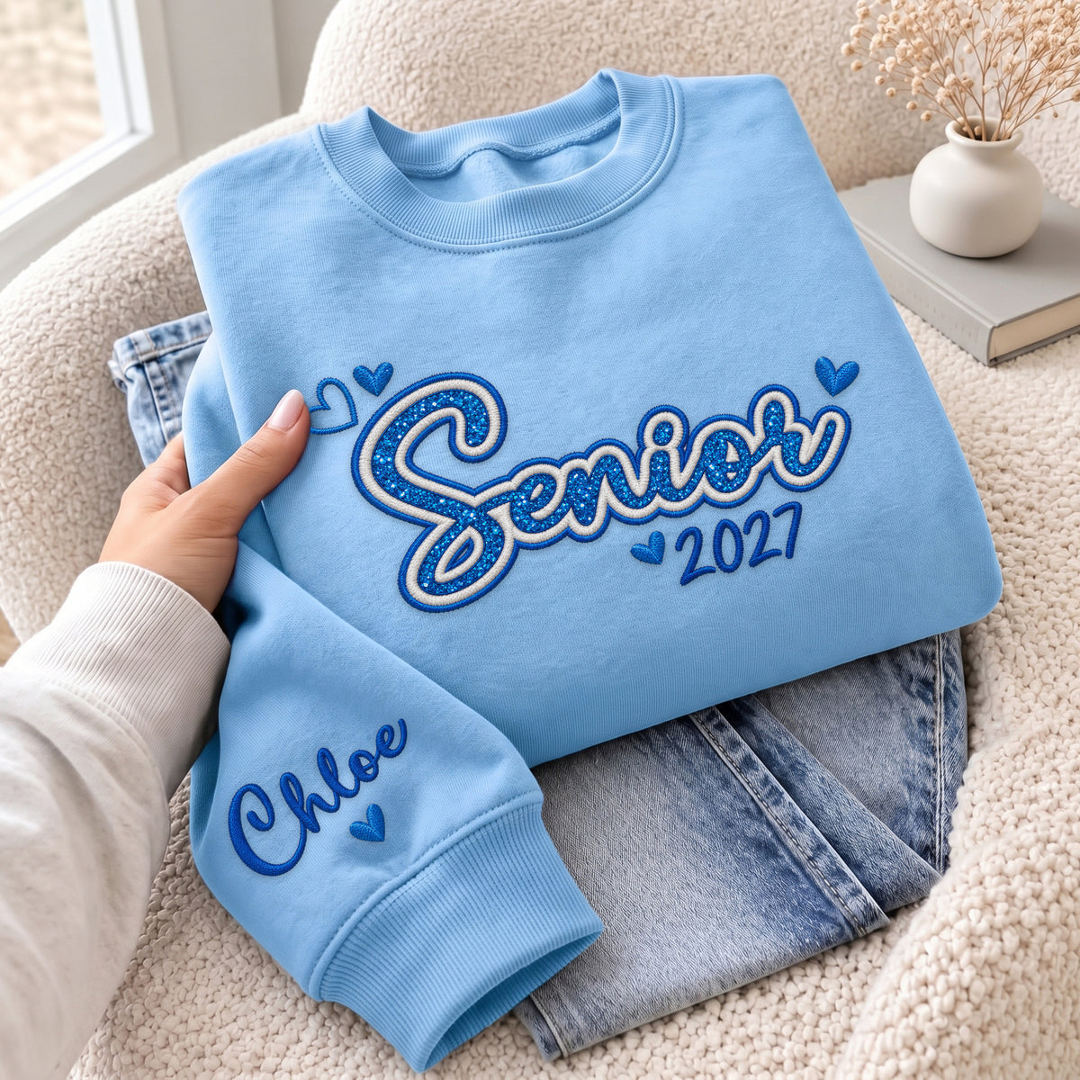 Senior Sweatshirt Custom Name Sleeve Heart Glitter Embroidery Grad Gift Crewneck