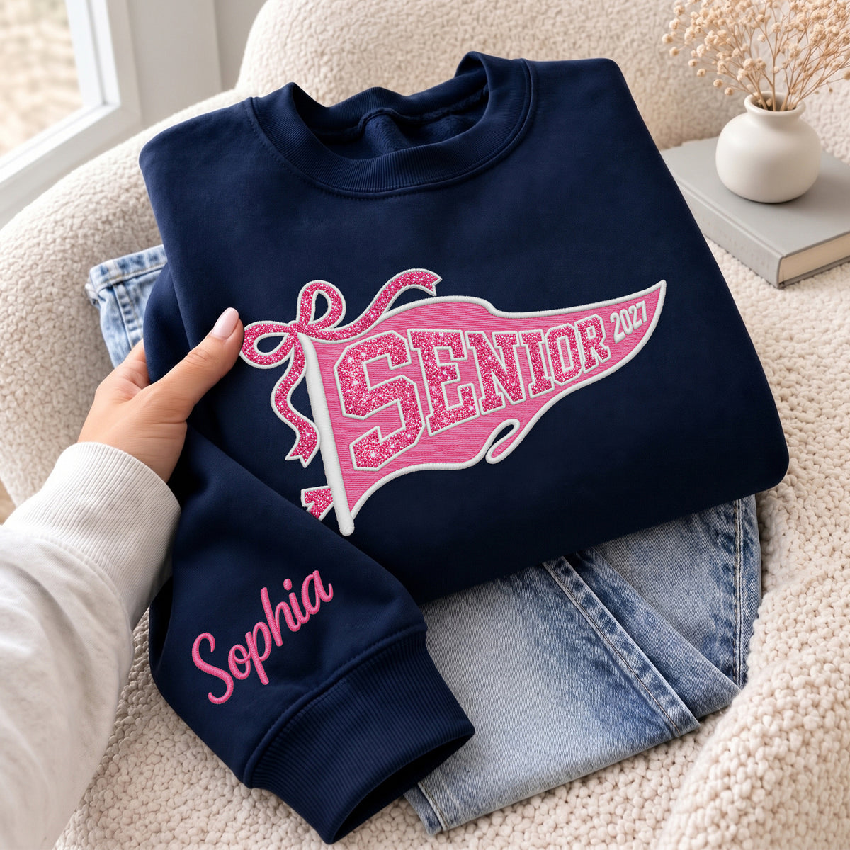Senior Sweatshirt Pennant Flag Ribbon Glitter Embroidery Custom Name Sleeve Gift