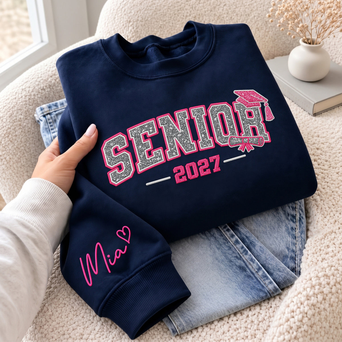 Senior Sweatshirt Grad Cap Diploma Silver Glitter Embroidery Custom Name Sleeve