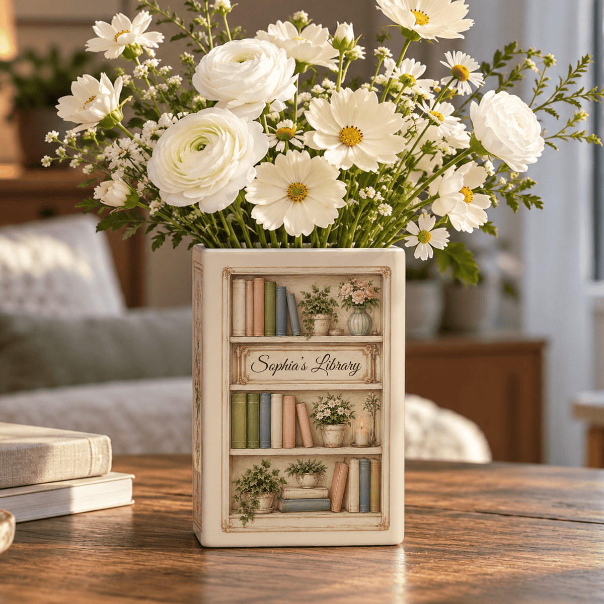 Custom Book Shelf Flower Vase Library Botanical Floral Vase Home Accent Piece Holder