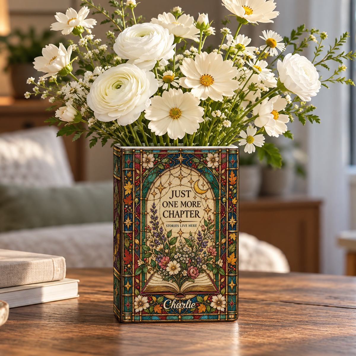 Custom Book Vase Just One More Chapter Stained Glass Floral Flower Holder Centerpiece