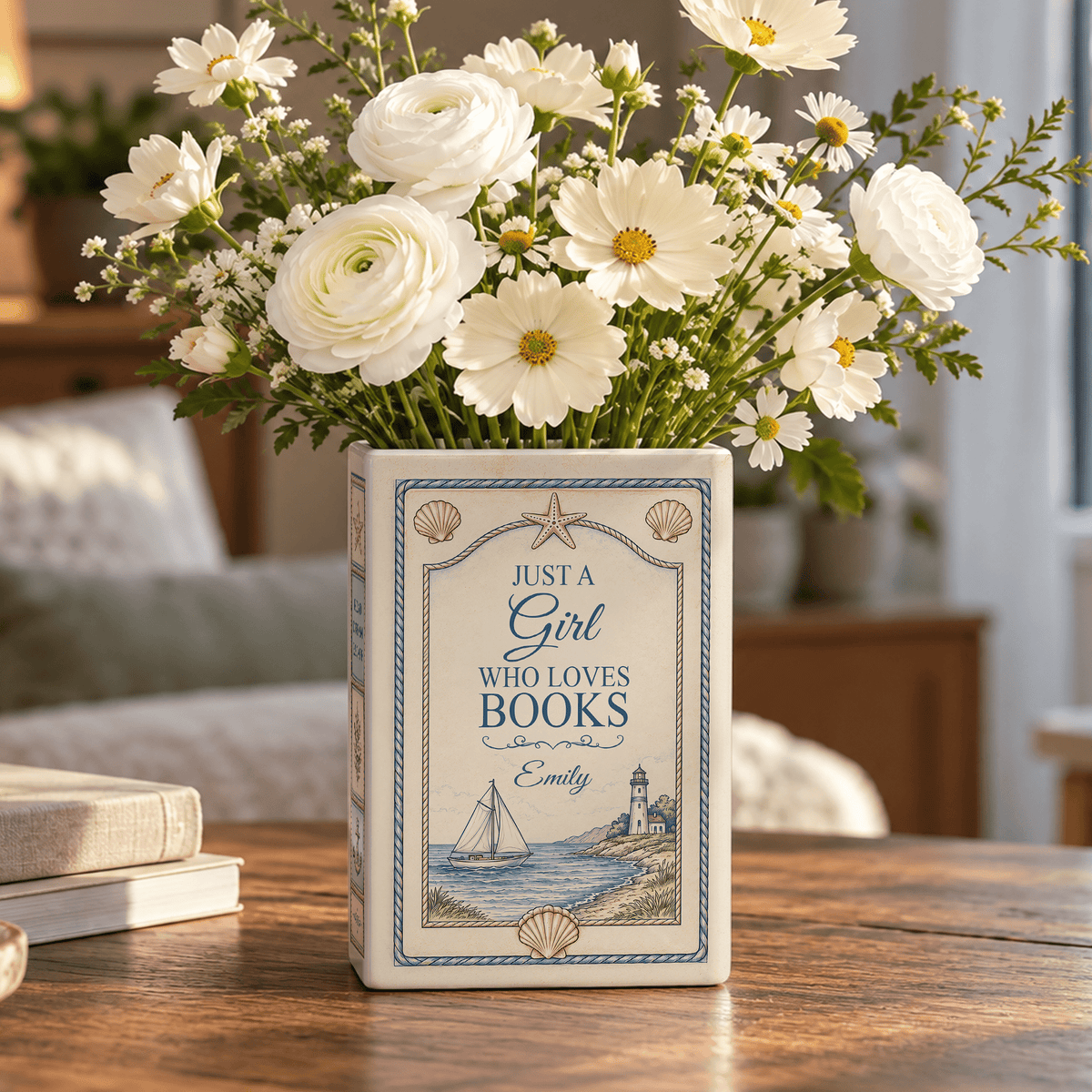 Custom Book Vase Just A Girl Who Loves Books Nautical Floral Flower Holder Centerpiece