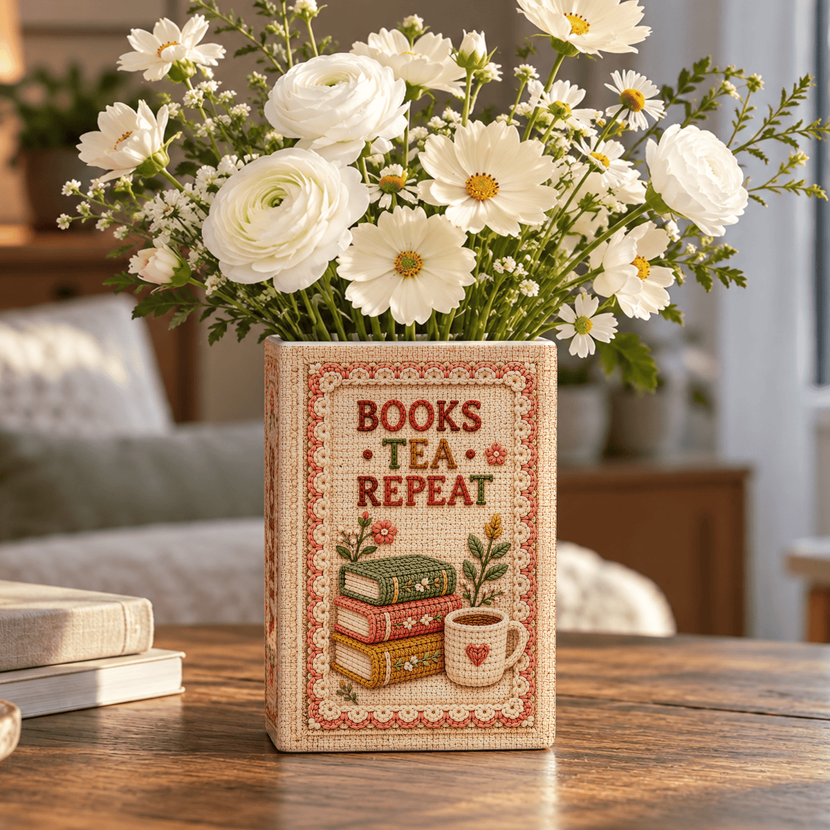 Custom Book Flower Vase Books Tea Repeat Floral Centerpiece Bookish Gift for Book Lovers