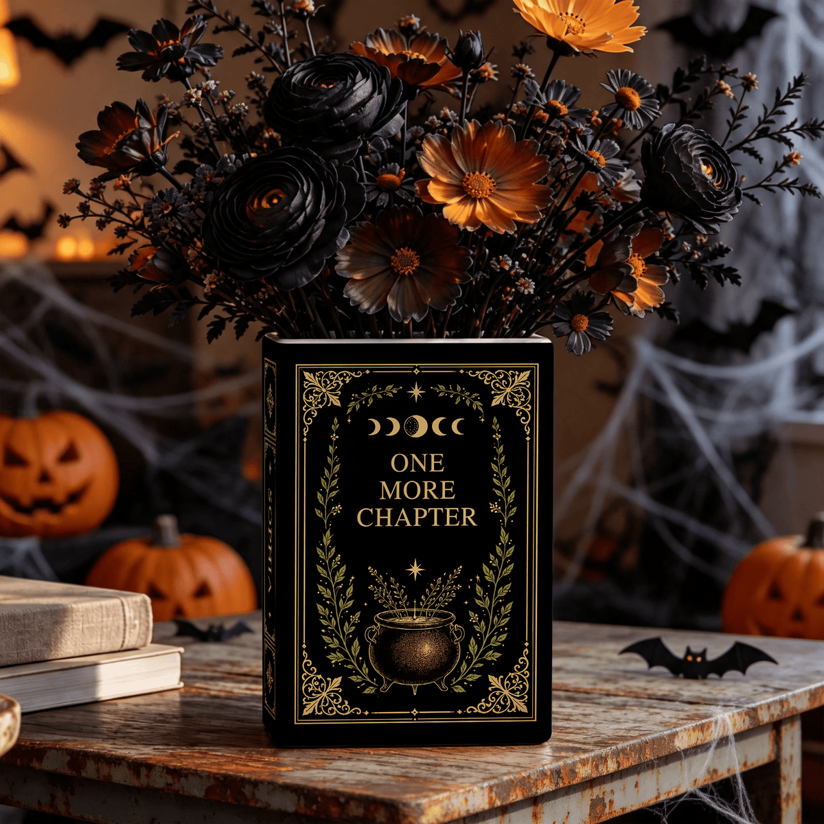 Custom Book Flower Vase One More Chapter Spooky Halloween Floral Bookish Decor Gift