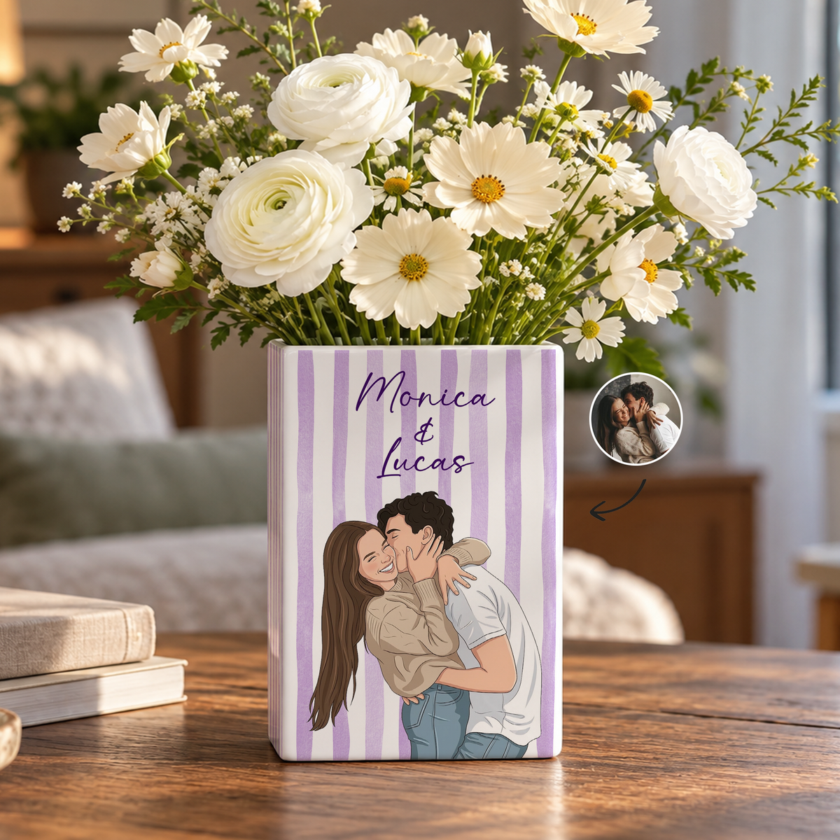 Custom Wedding Book Vase Couple Portrait Striped Pattern Ceramic Flower Tabletop Holder