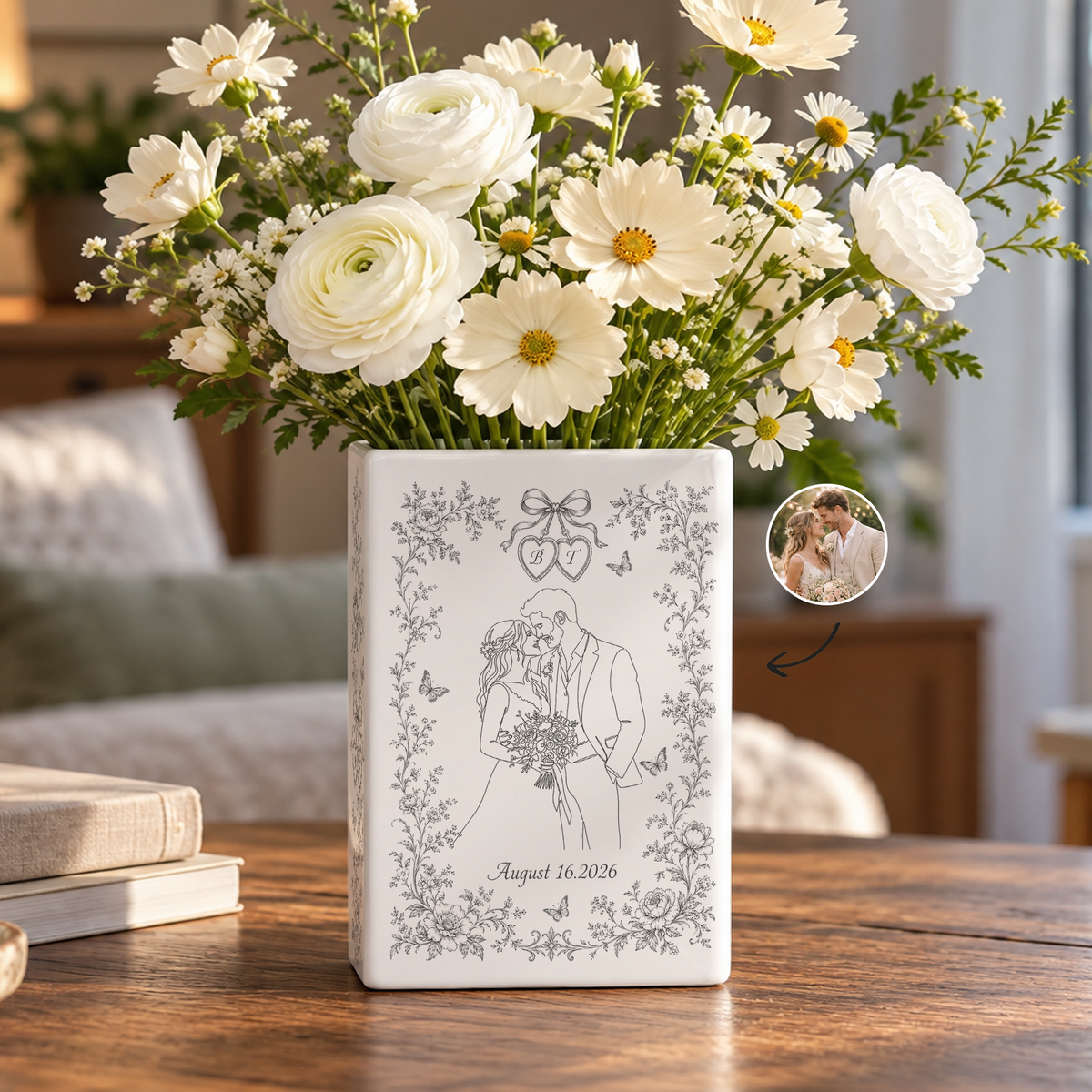 Custom Wedding Book Vase Ribbon Hearts Bride Groom Line Art Ceramic Tabletop Holder