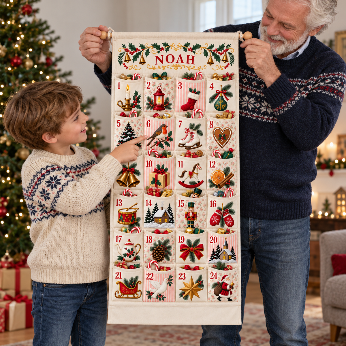 Custom Name Embroid Christmas Advent Calendar Classic Holiday Wall Hanging Pocket