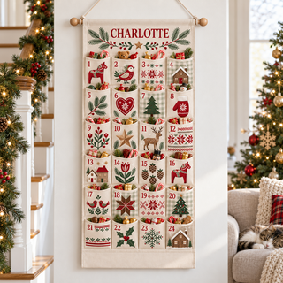Custom Name Embroid Christmas Advent Calendar Nordic Folk Art Wall Hanging Pocket
