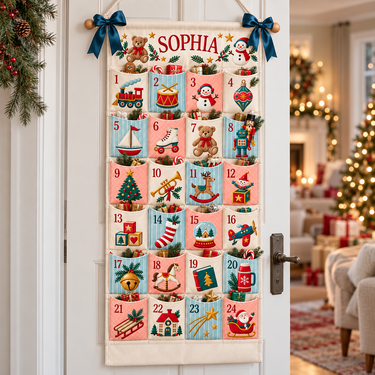 Custom Name Embroid Christmas Advent Calendar Retro Toy Train Wall Hanging Pocket