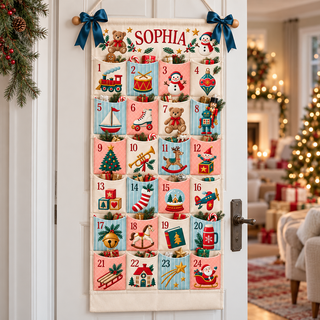 Custom Name Embroid Christmas Advent Calendar Retro Toy Train Wall Hanging Pocket