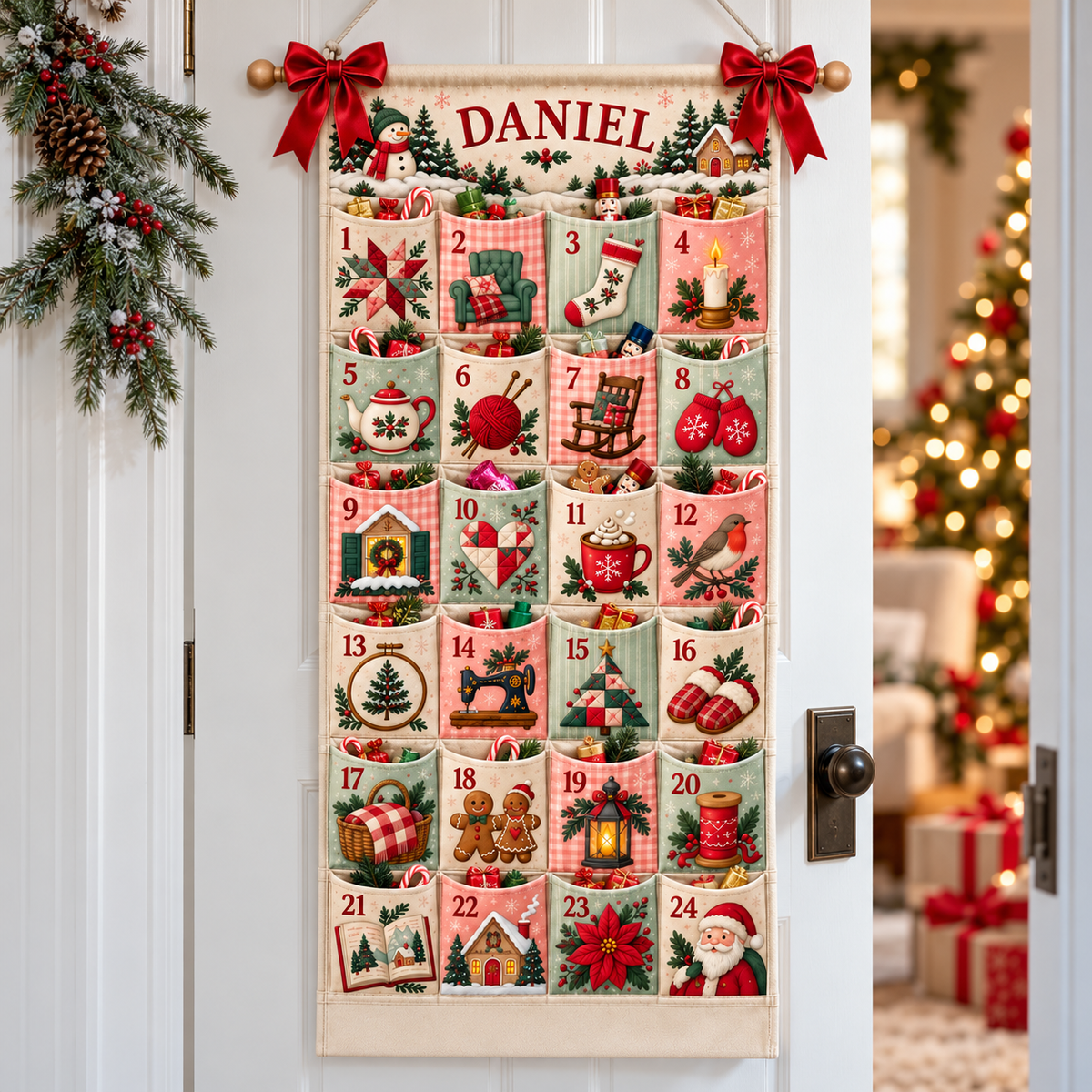 Custom Name Embroid Christmas Advent Calendar Cozy Handcraft Wall Hanging Pocket