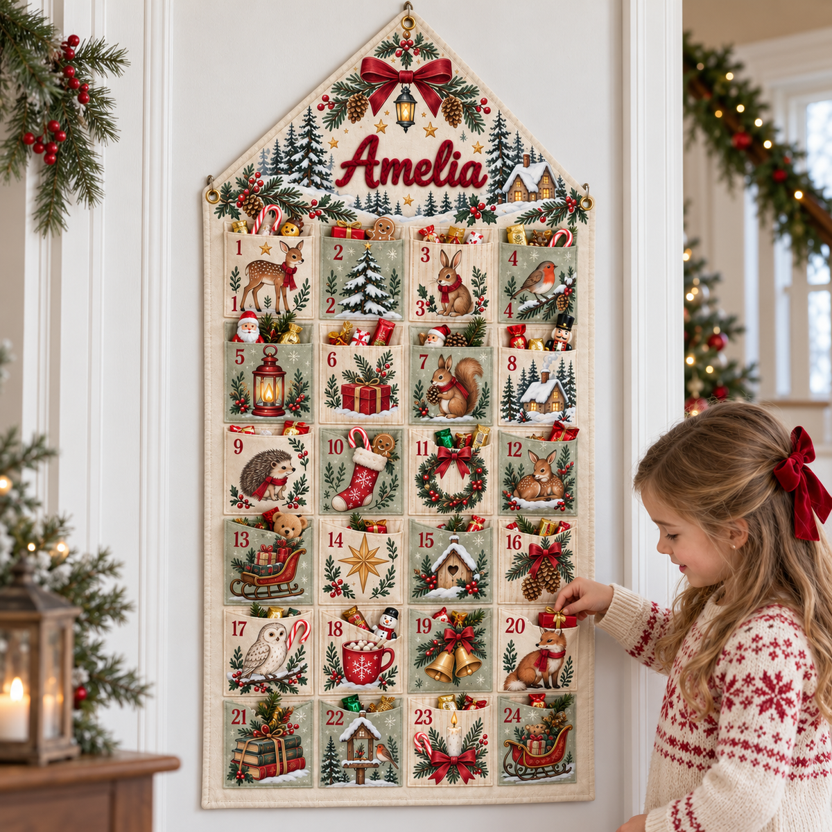 Custom Name Embroid Christmas Advent Calendar Woodland Animal Wall Hanging Pocket