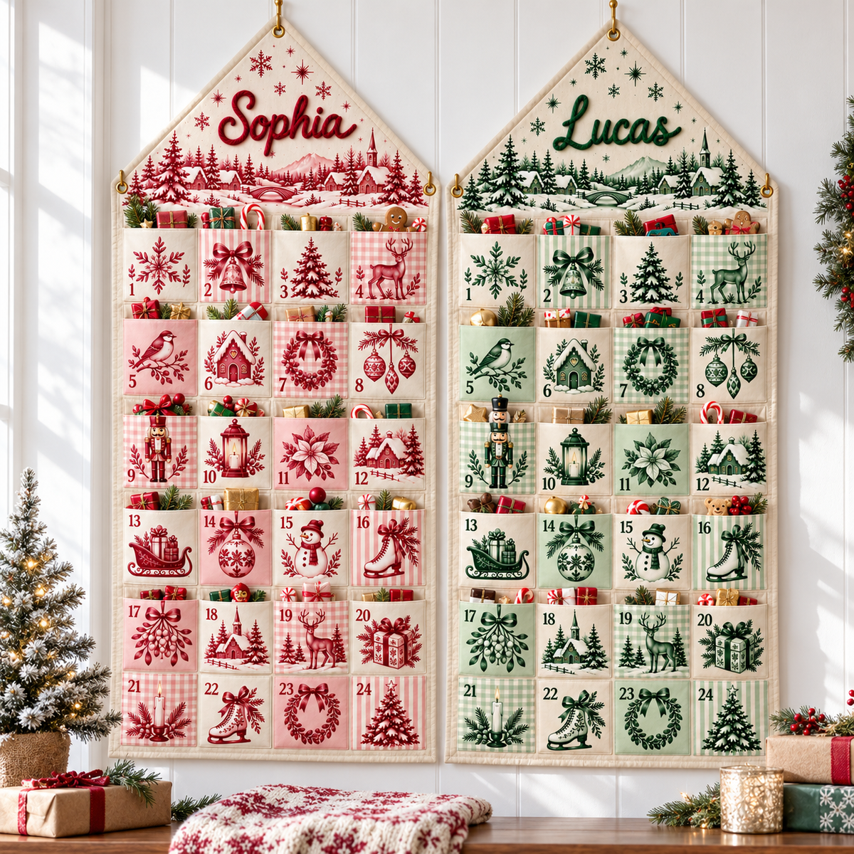Custom Name Embroid Christmas Advent Calendar Toile De Jouy Vintage Wall Hanging Pocket