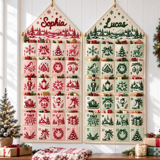 Custom Name Embroid Christmas Advent Calendar Toile De Jouy Vintage Wall Hanging Pocket