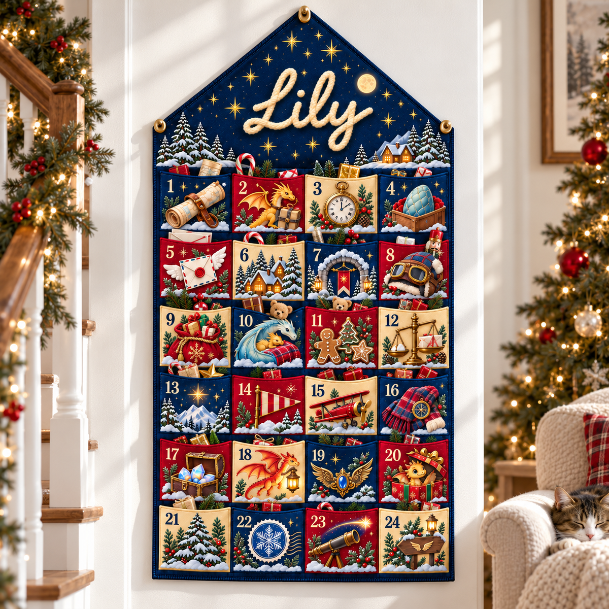 Custom Name Blue Embroid Christmas Advent Calendar Dragon Fantasy Wall Hanging Pocket
