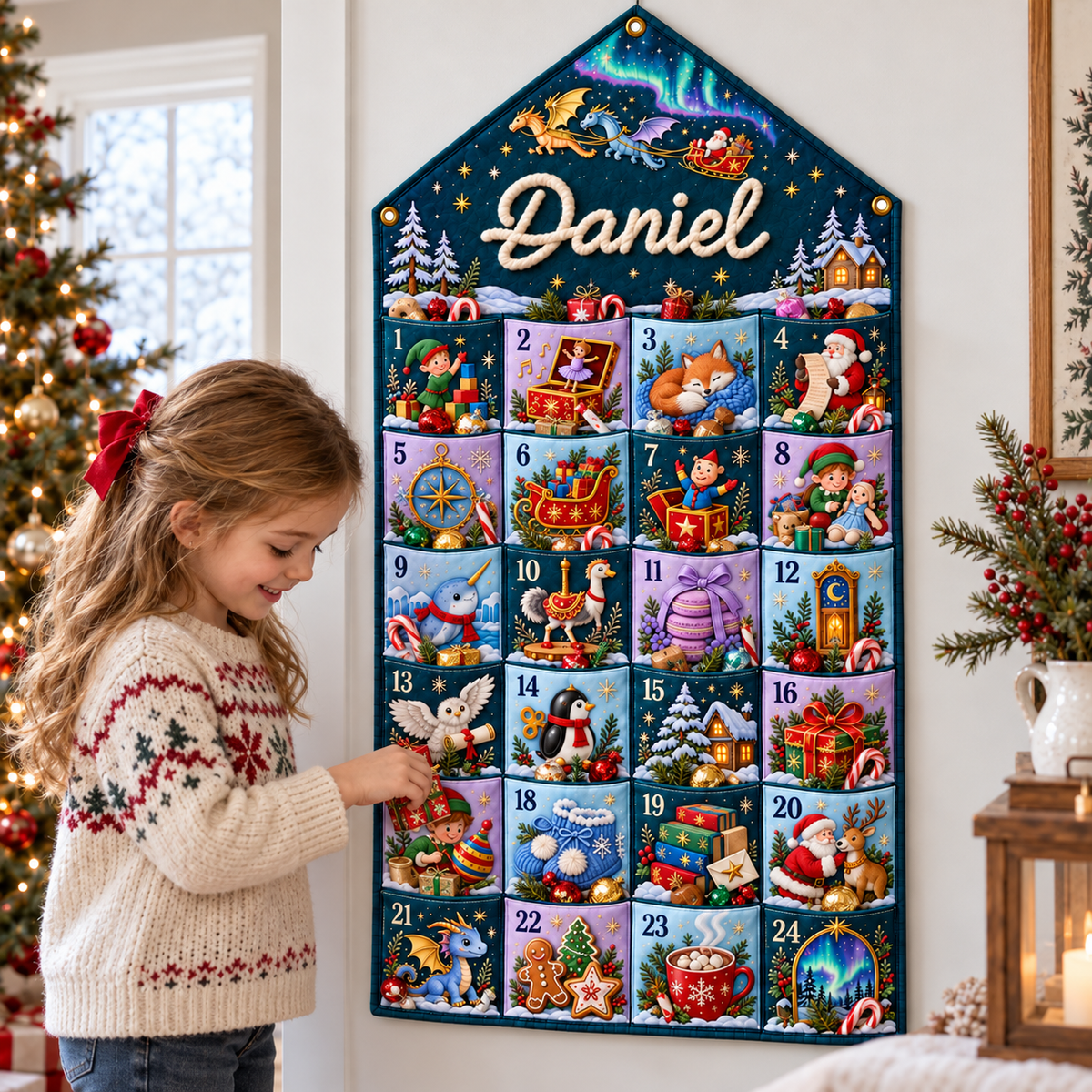 Custom Name Embroid Christmas Advent Calendar Fantasy Dragon Santa Wall Hanging Pocket