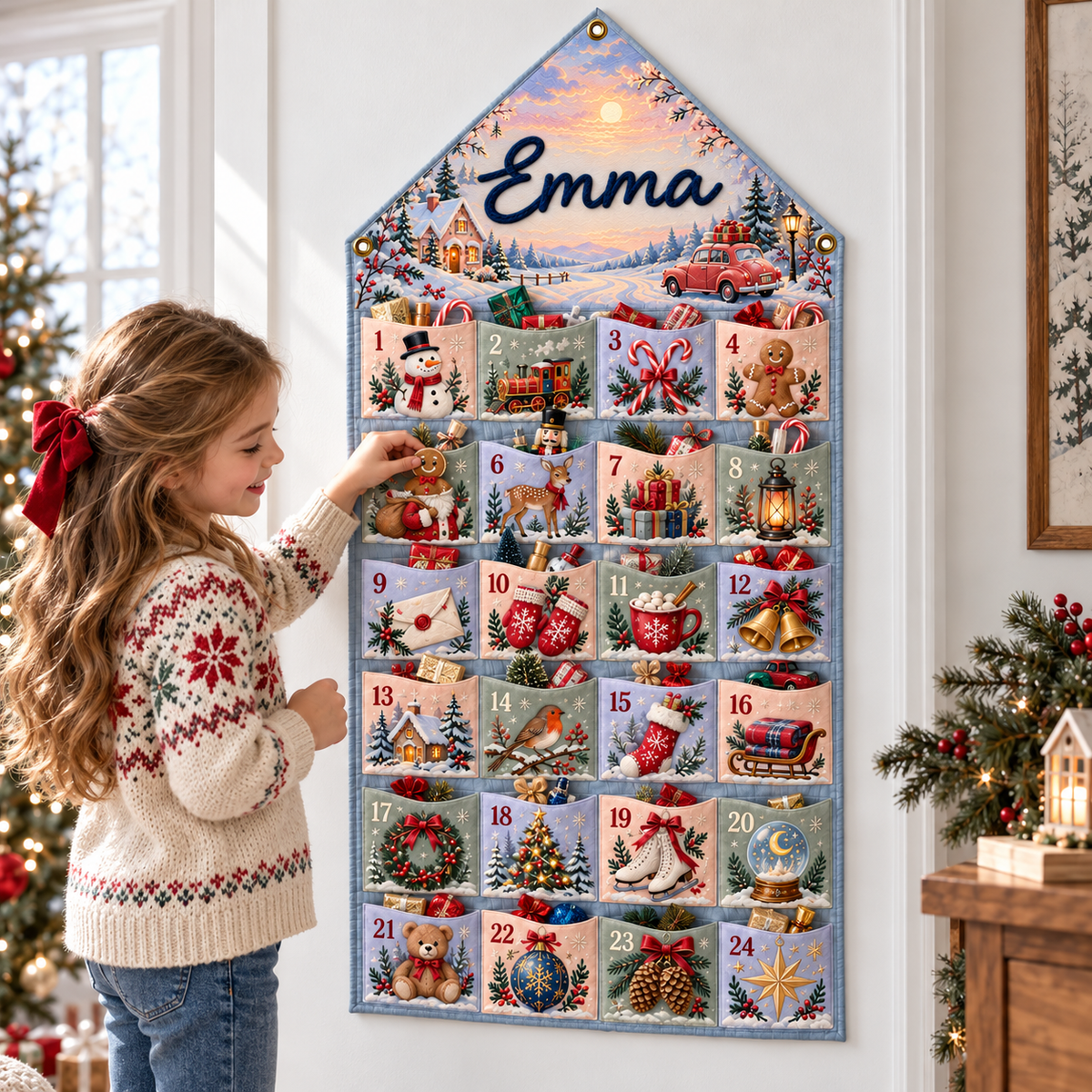 Custom Name Embroid Christmas Advent Calendar Winter Village Snowman Wall Hanging Pocket