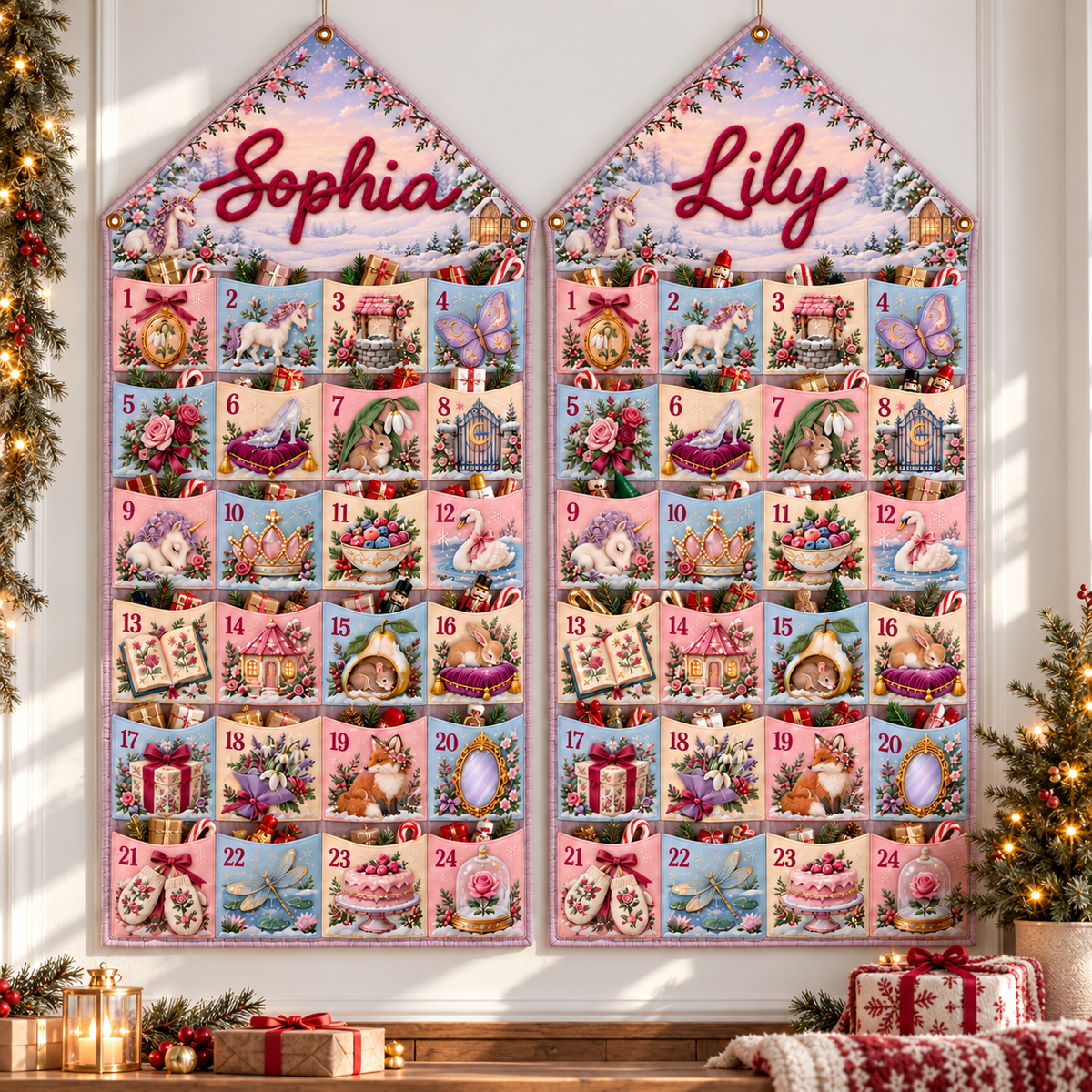 Custom Name Embroid Christmas Advent Calendar Princess Unicorn Wall Hanging Pocket
