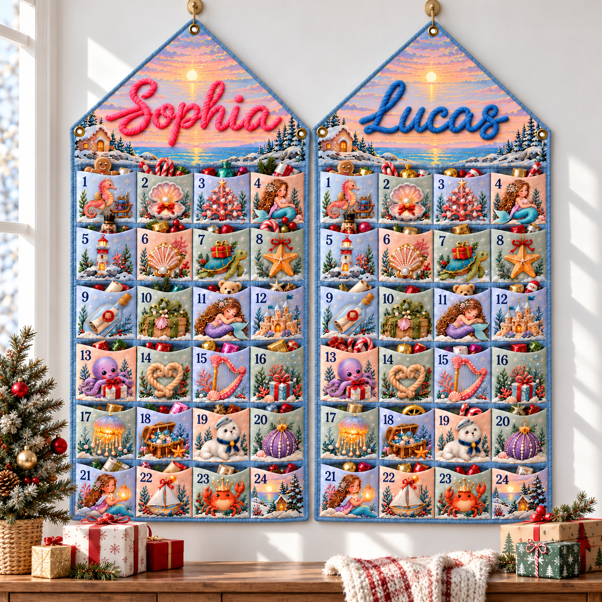 Custom Name Embroid Christmas Advent Calendar Mermaid Coastal Wall Hanging Pocket