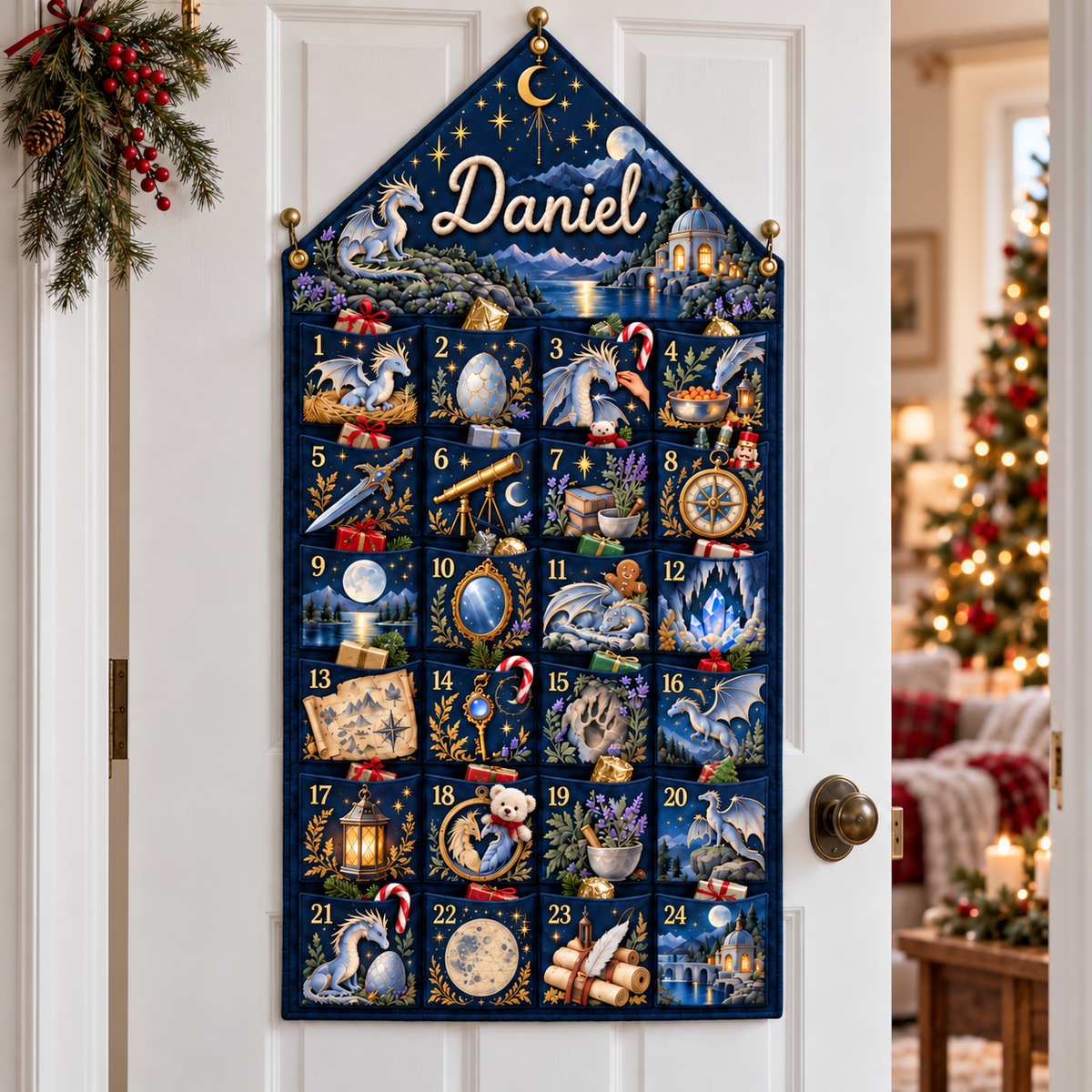 Custom Name Embroid Christmas Advent Calendar Dragon Fantasy Hanging Pocket Tapestry