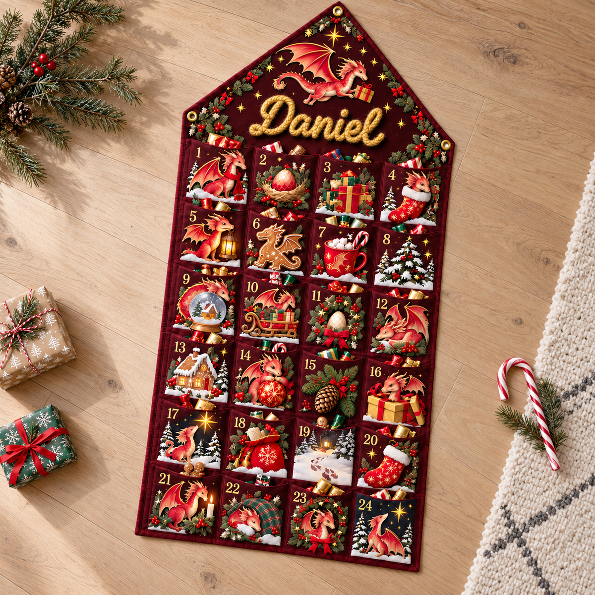 Custom Name Embroid Christmas Advent Calendar Baby Dragon Hanging Pocket Tapestry