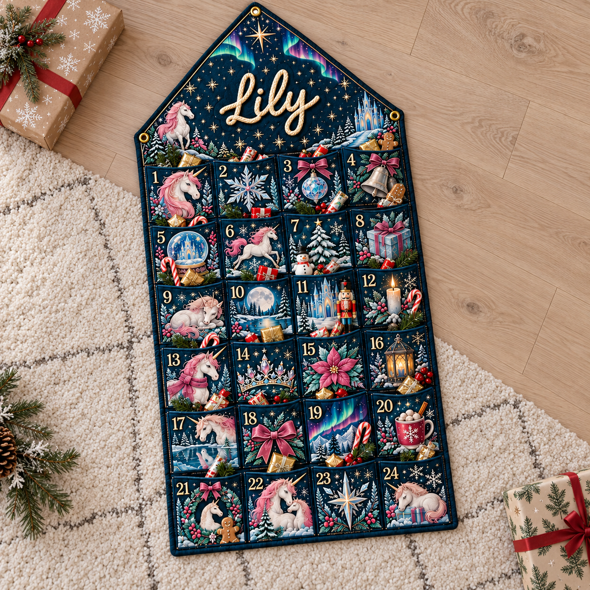 Custom Name Embroid Christmas Advent Calendar Unicorn Magic Hanging Pocket Tapestry