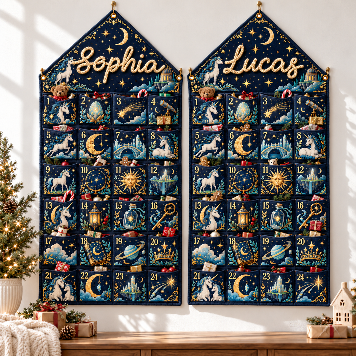 Custom Name Embroid Christmas Advent Calendar Unicorn Celestial Wall Hanging Pocket