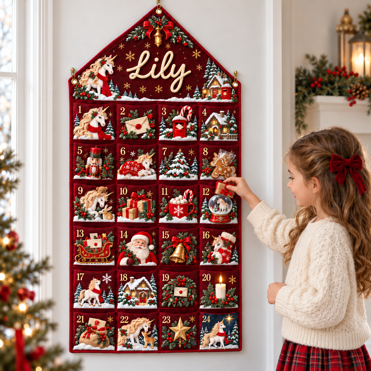 Custom Name Embroid Christmas Advent Calendar Unicorn Festive Wall Hanging Pocket