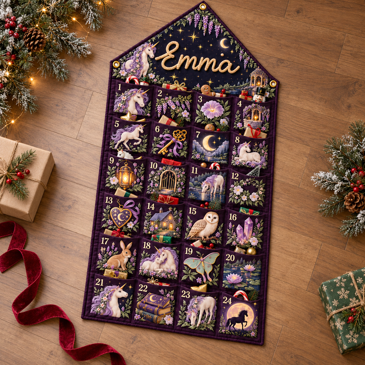 Custom Name Purple Embroid Christmas Advent Calendar Unicorn Wall Hanging Pocket
