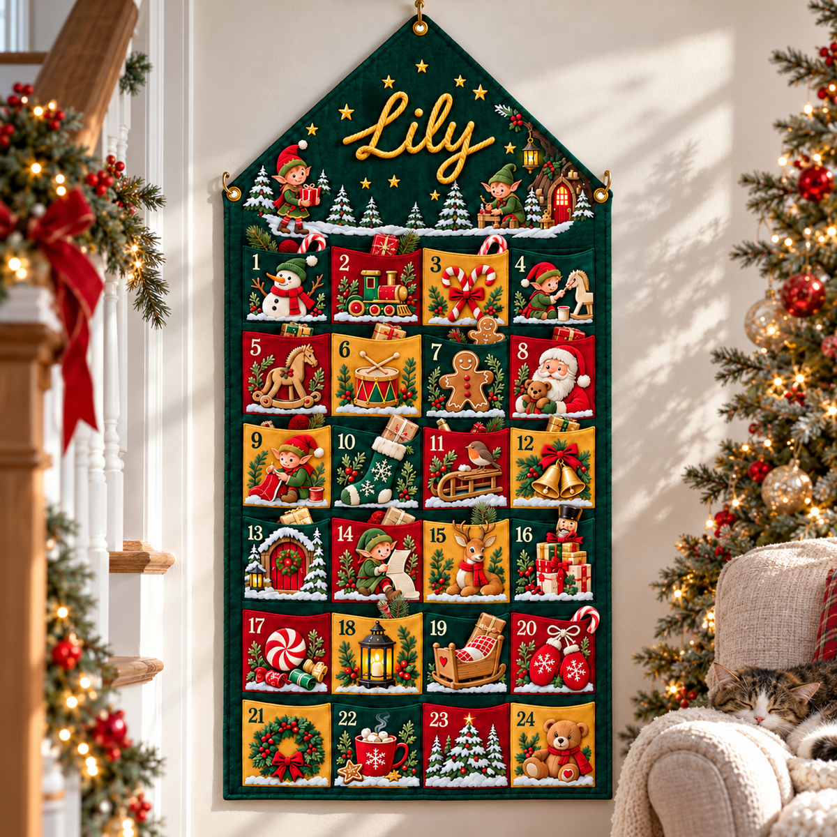 Custom Name Green Embroid Christmas Advent Calendar Elf Santa Wall Hanging Pocket