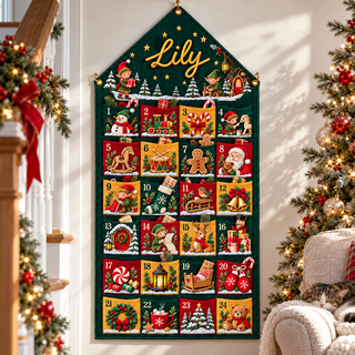 Custom Name Green Embroid Christmas Advent Calendar Elf Santa Wall Hanging Pocket