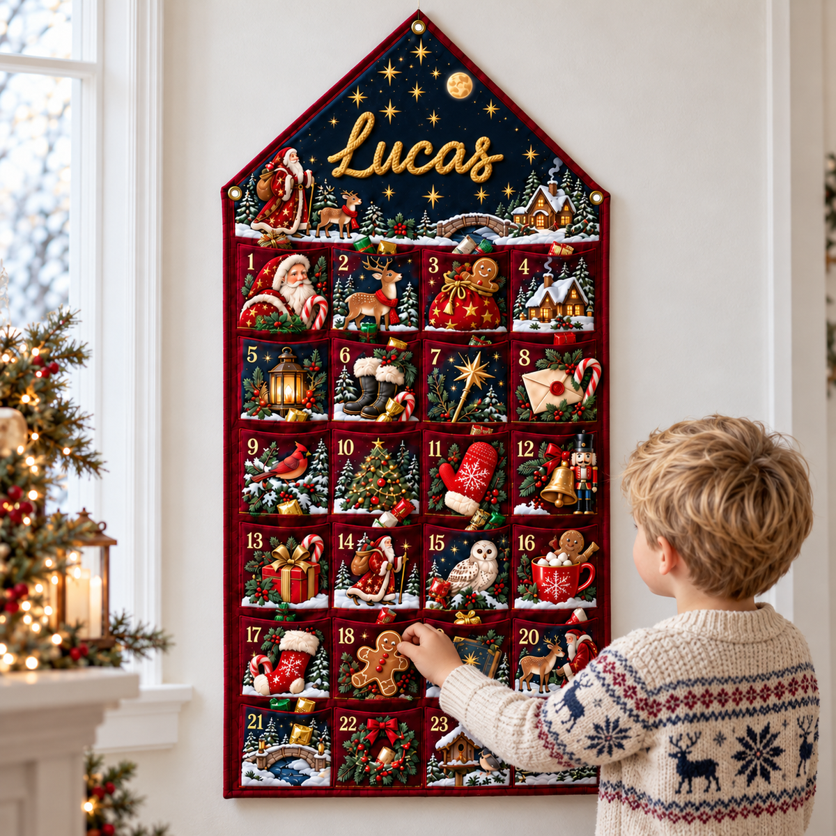 Custom Name Burgundy Embroid Christmas Advent Calendar Santa Reindeer Hanging Pocket