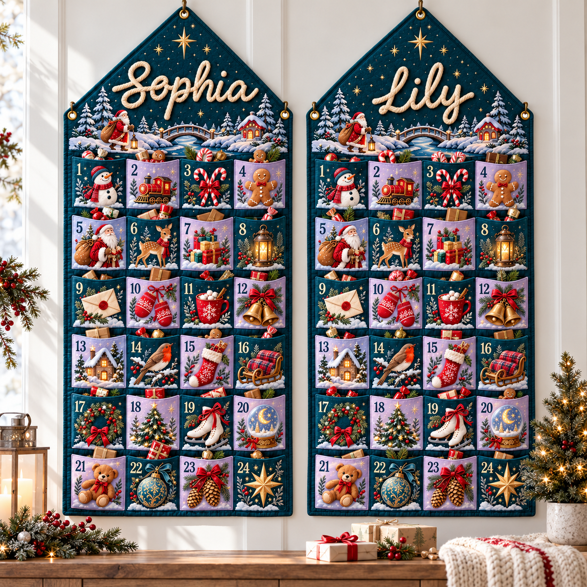 Custom Name Teal Embroid Christmas Advent Calendar Festive Snowman Wall Hanging Pocket