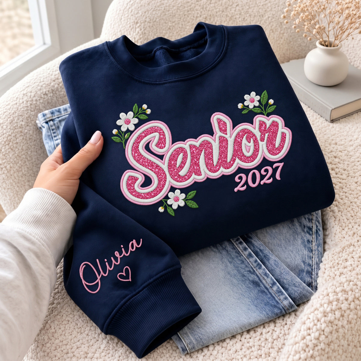 Senior Sweatshirt Floral Daisy Glitter Embroidery Custom Name Sleeve Grad Gift