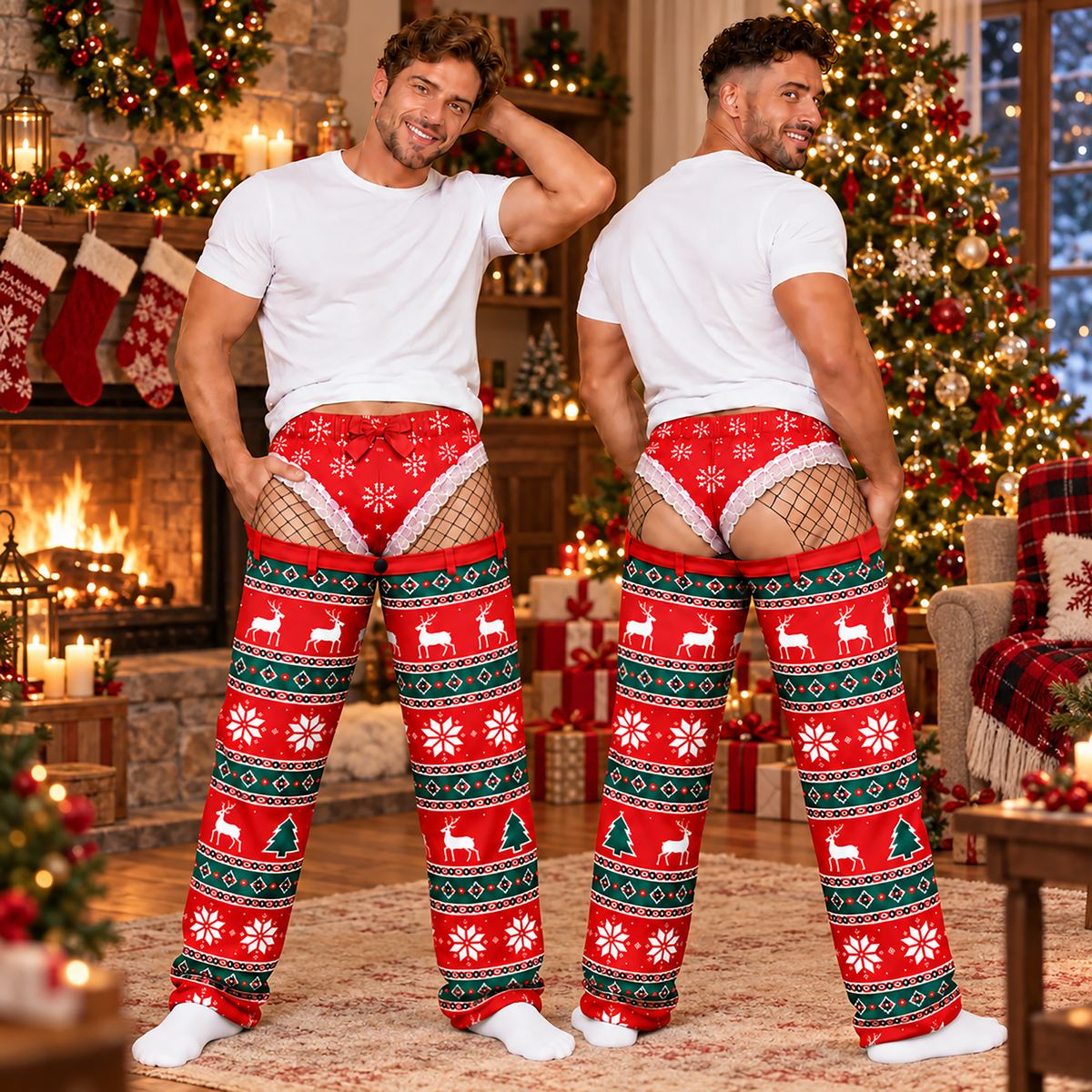 Custom Christmas Reindeer Snowflake Funny Pajamas Open Back Chaps Loungewear Pants
