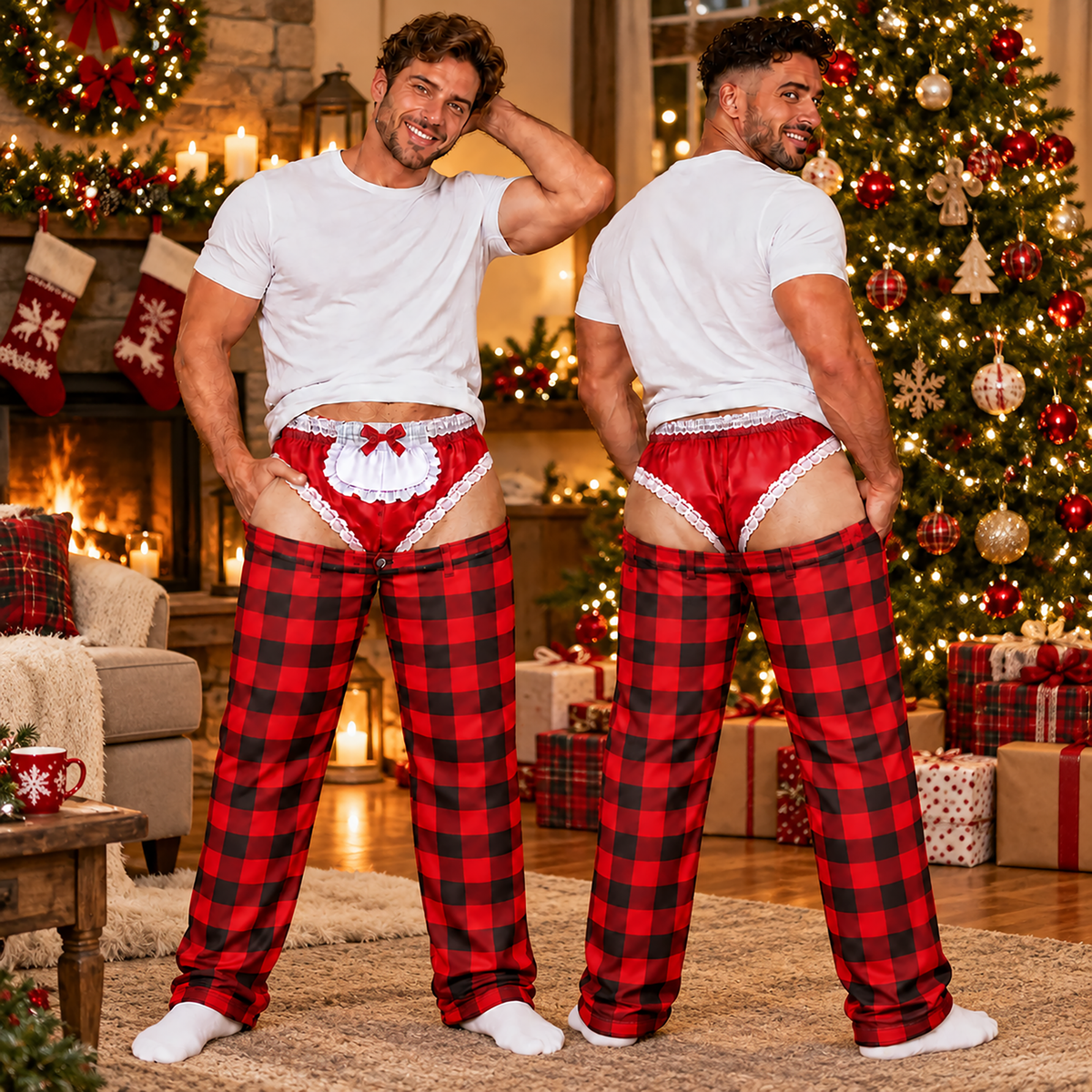 Custom Christmas Plaid Buffalo Check Funny Pajamas Open Back Chaps Loungewear Pants