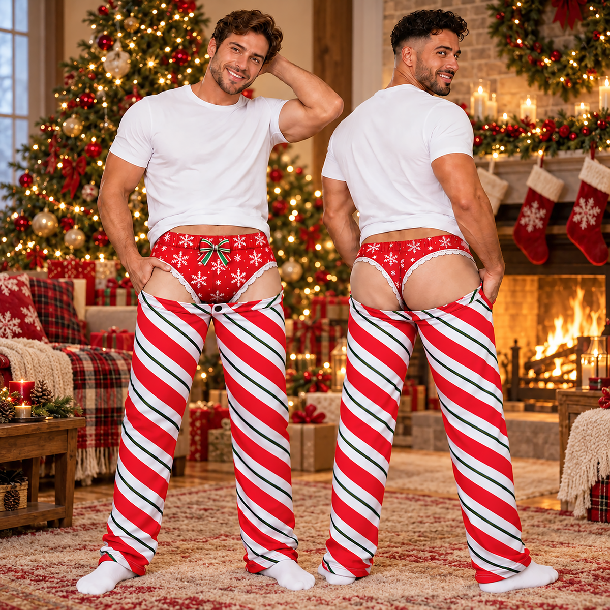 Custom Christmas Candy Cane Snowflake Funny Pajamas Open Back Chaps Loungewear Pants