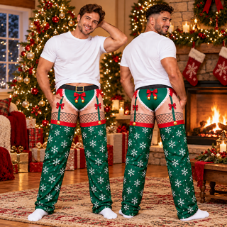 Custom Christmas Elf Snowflake Bow Bell Funny Pajamas Open Back Chaps Loungewear Pants