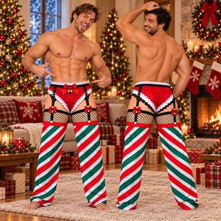 Custom Christmas Candy Cane Striped Garter Fishnet Men Pajama Pants Sleepwear Bottoms