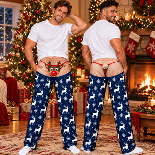 Custom Christmas Reindeer Snowflake Nose Tail Thong Men Pajama Pants Sleepwear Bottoms