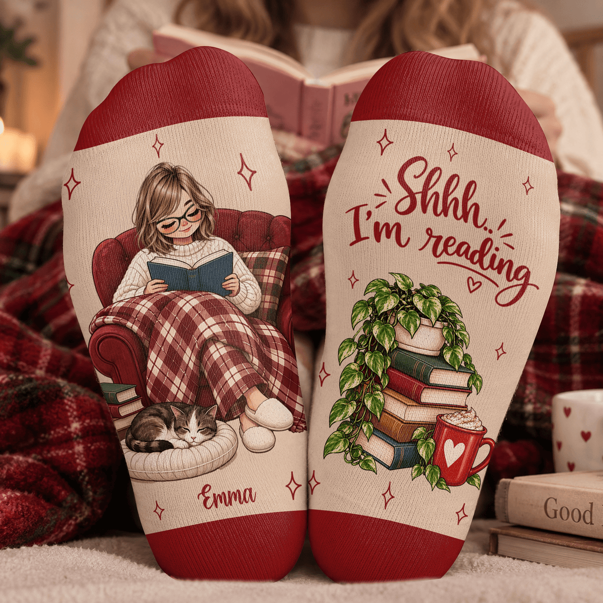 Cat Reader Custom Book Socks, Socks for Women and Men with Soft Comfort, Book Lovers Gifts and Christmas Gifts for Cozy Reading Time, Pallyprints Co.